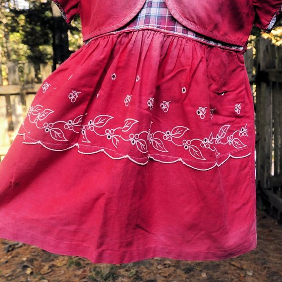 VTG 60's Girls Red Cotton & Plaid School Dress Size 12/18M Eyelet Floral Design - Picture 7 of 10